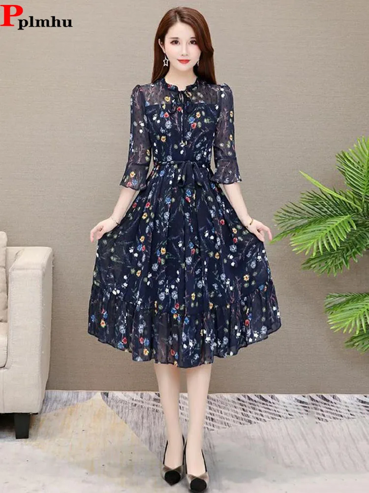 Top Trends: Summer Boho Chiffon Midi Dress Women 3 / 4 Sleeve Floral Vestidos Korean Slim A-line Dresses Big Size Casual Robe Elegant Elbise Shoppable Styles