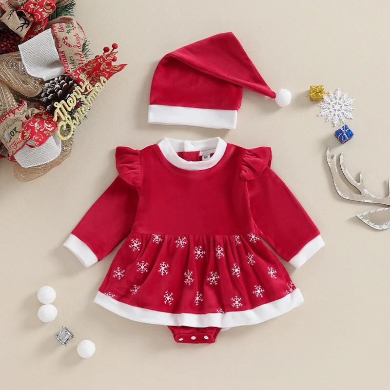 Top Trends: EWODOS Newborn Baby Girls Cute Christmas Outfit Long Sleeve Crew Neck Snow Patchwork Bodysuit Dress With Hat Kids New Year Suits Shoppable Styles