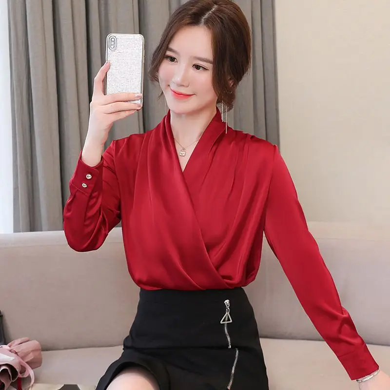 Top Trends: Elegant V-Neck Solid Color Button Folds Satin Blouse Women&#039;s Clothing 2023 Autumn New Casual Pullovers Office Lady Shirt Shoppable Styles