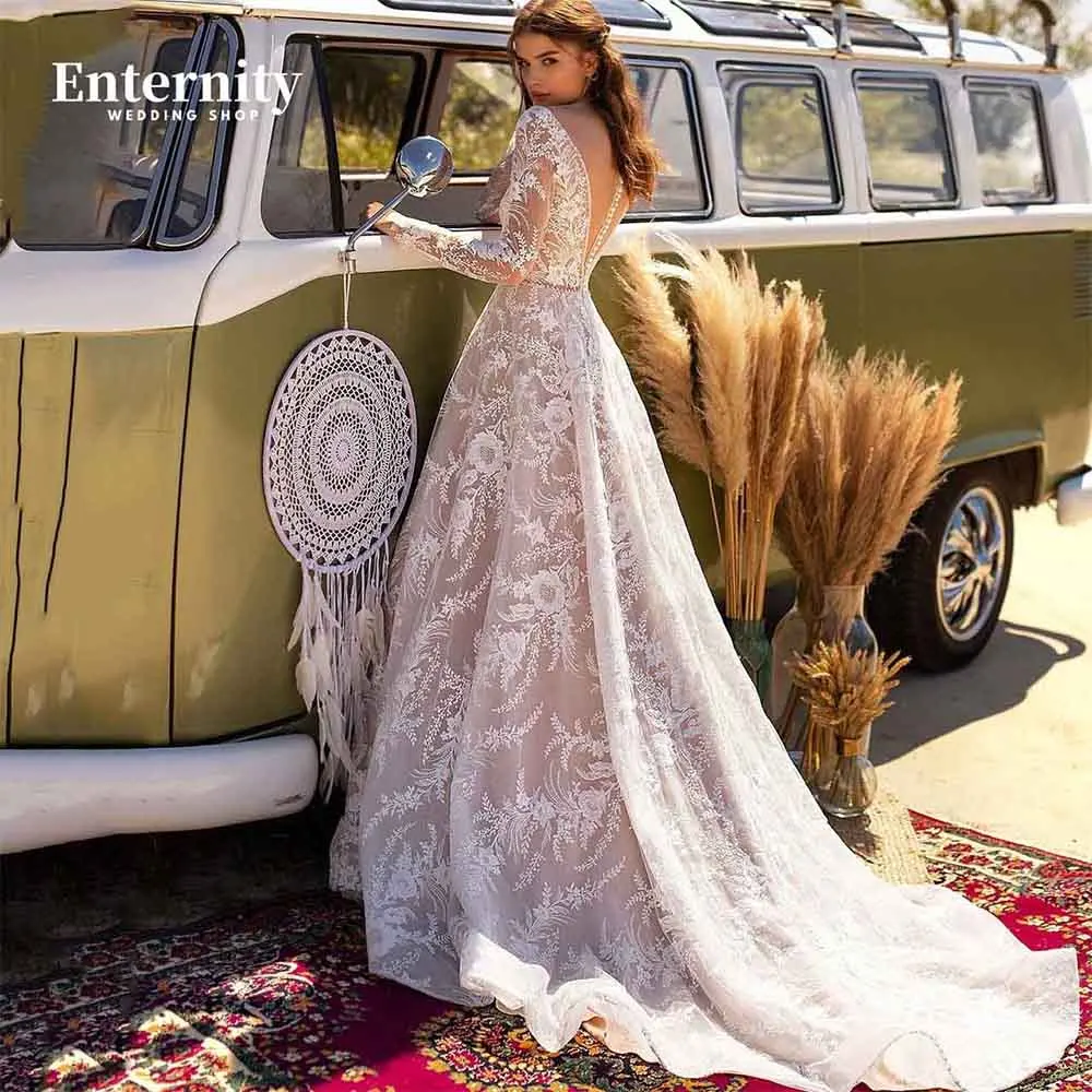 Top Trends: Bohemian V-neck A-Line Wedding Dress Long Sleeve Lace Appliques Wedding Gown Illusion Back Sweep Train Delicate Robe De Mariée Shoppable Styles