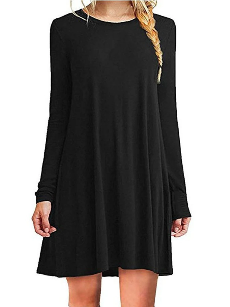 Top Trends: Women Long Sleeve Pleated Swing Loose Dress Women Solid Color Round Neck Casual Dress Autumn Winter Vestidos Shoppable Styles