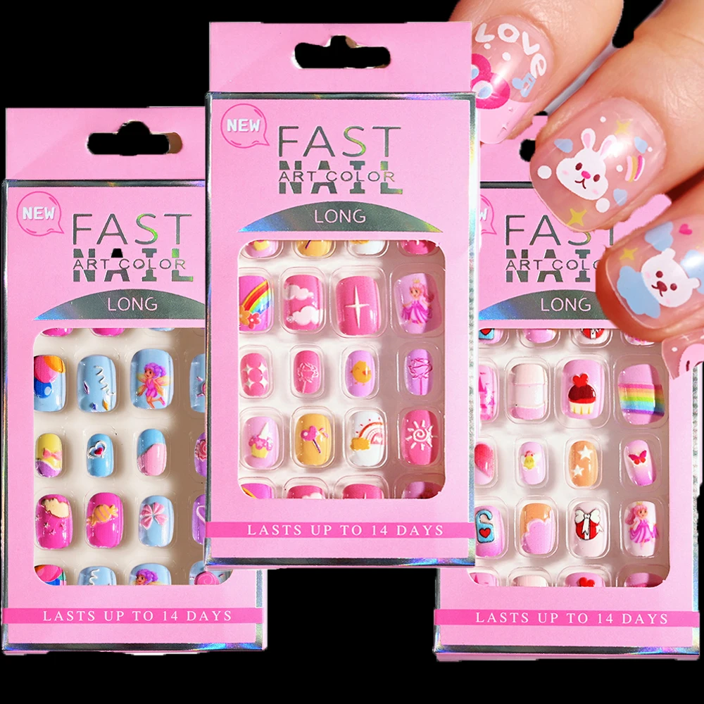 Top Trends: 6-14Years 5D Cartoon Children's Nail Tips 24Pcs / box Safe Non-toxic Adhesive Fake Nails DIY Colorful Xmas Girl Gift Manicure Tips Shoppable Styles