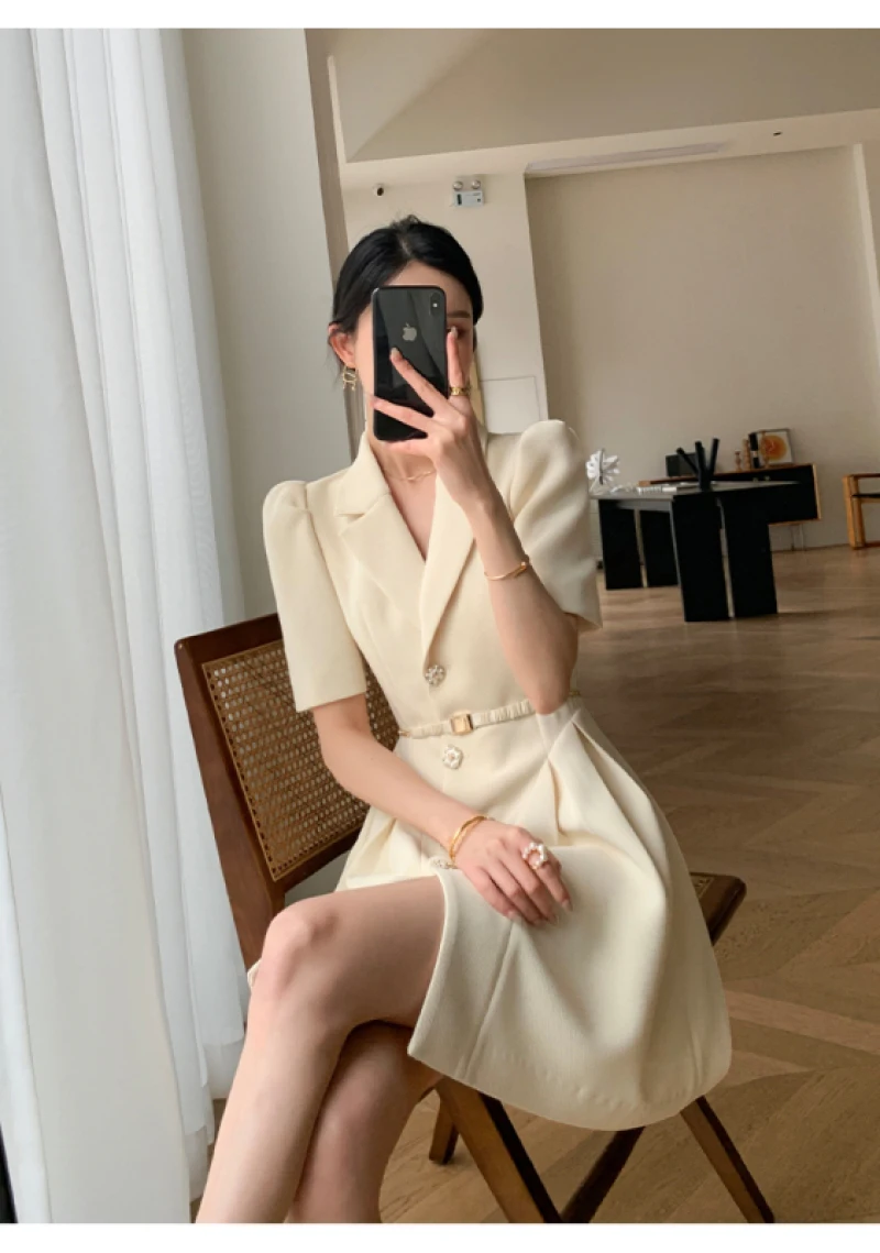 Top Trends: Elegant Notched Collar Suit Short Dresses For Women 2023 Summer New Short Sleeve Slim Waist Belted Single Breasted Female Dress Shoppable Styles