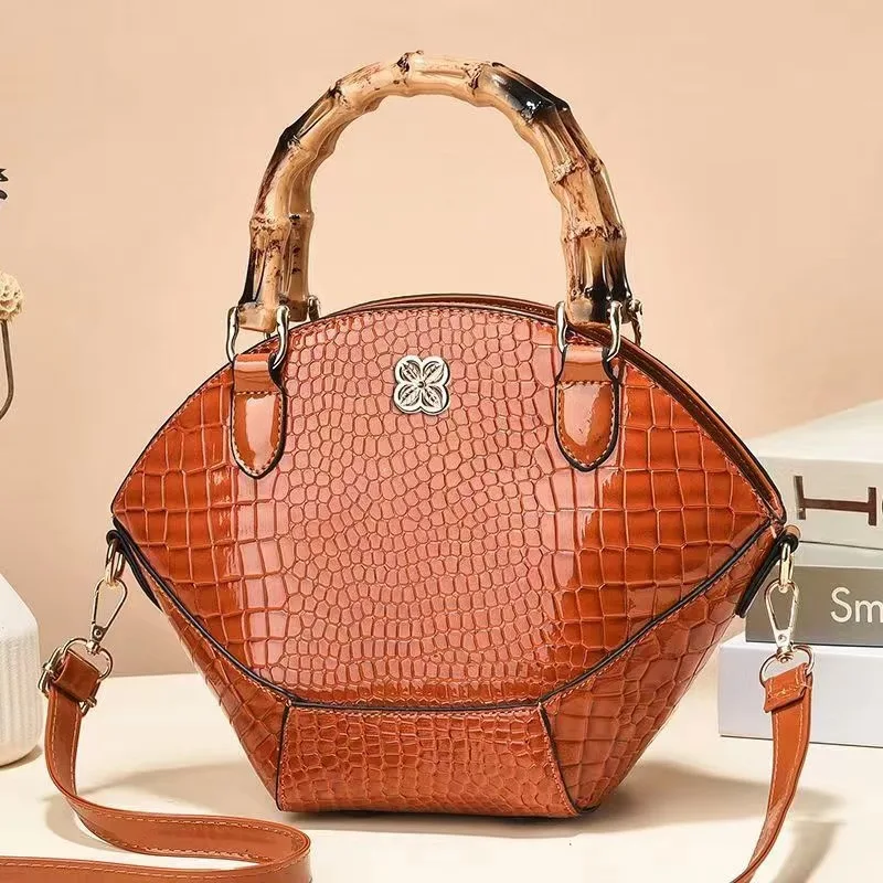 Top Trends: Crocodile Pattern Creative Shell Shaped Shoulder Bags High Quality Retro Bamboo Joint Handle Handbag Women Office Crossbody Bag Shoppable Styles - Image 3