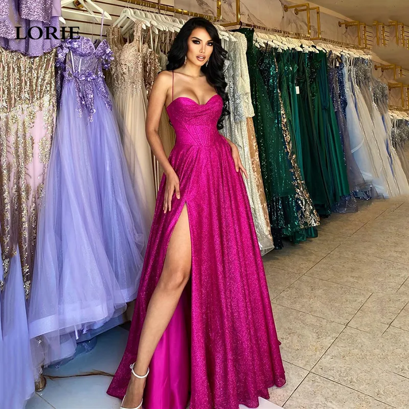 Top Trends: LORIE Hot Pink Spaghetti Straps Mermaid Evening Dresses Shiny Glitter Side Split Prom Gowns Corset Evening Party Dress Shoppable Styles