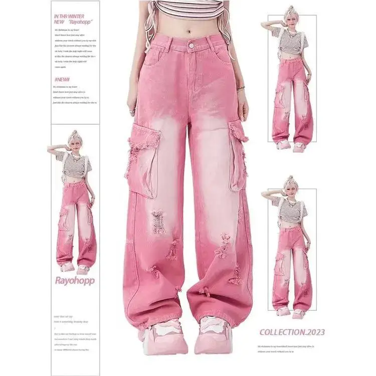 Top Trends: Dopamine Wears American Sweet And Spicy Style Ripped Pink Jeans For Women Fashionable High-waisted Loose Slimming Straight Pants Shoppable Styles