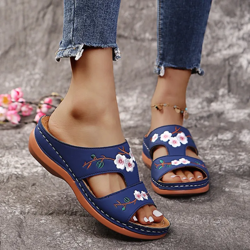 Top Trends: Women Slippers Embroider Flowers Leather Woman Sandals 2023 Outdoor Light Casual Wedges Slippers Slip On Summer Shoes For Women Shoppable Styles - Image 5