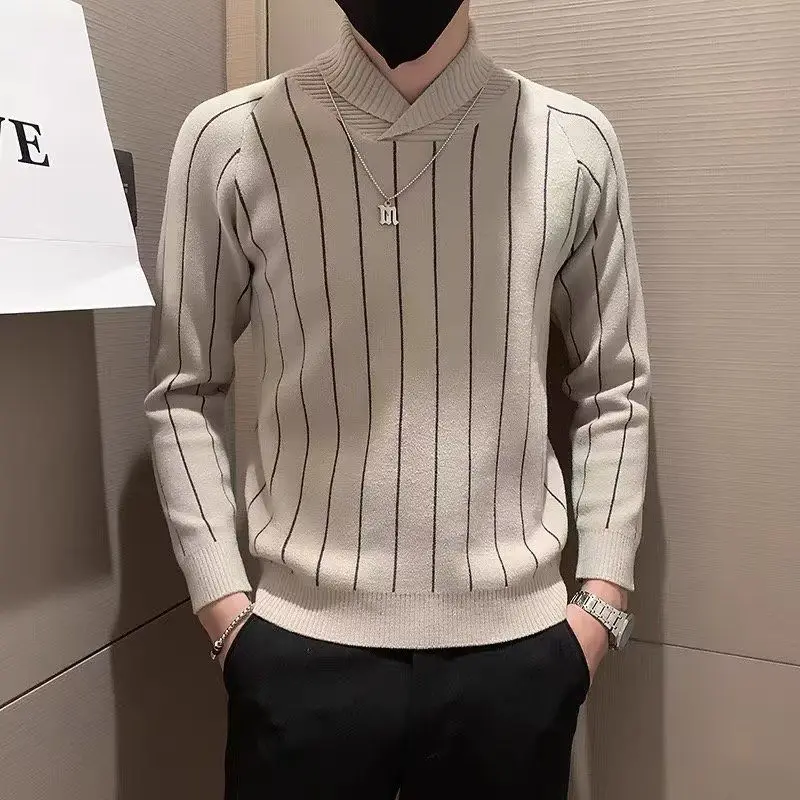 Top Trends: Fashion Half High Collar Striped Warm Knited Sweaters Jumpers Men Clothing 2022 Winter New Korean Casusl Wool Pullovers Top Shoppable Styles