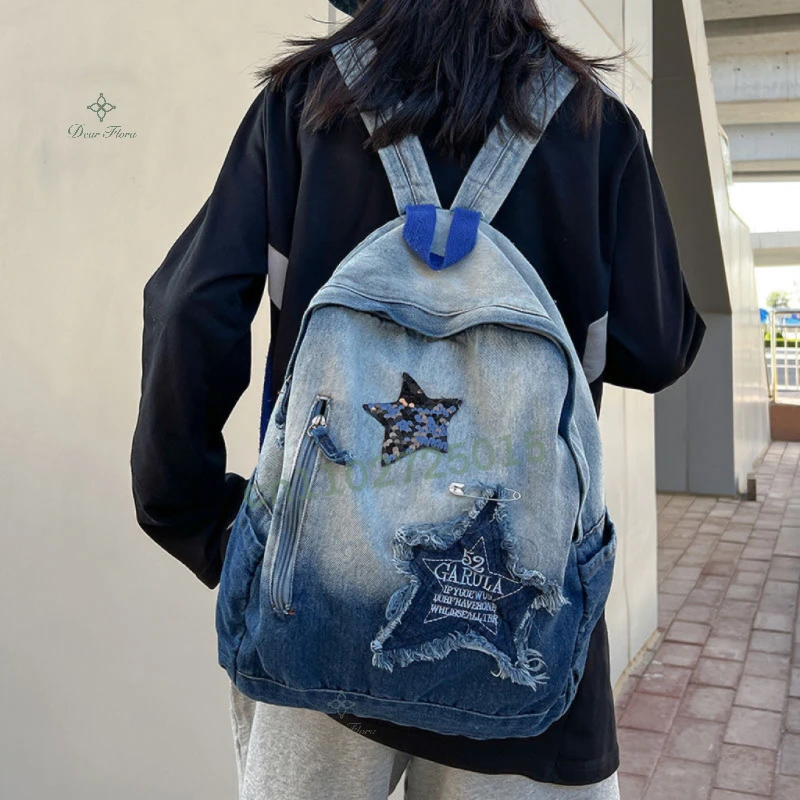 Top Trends: Y2K Korean Casual Denim Backpack Fashion Star Pattern Large Capacity Student Schoolbag Teenagers Punk Travel Vintage Book Bag Shoppable Styles