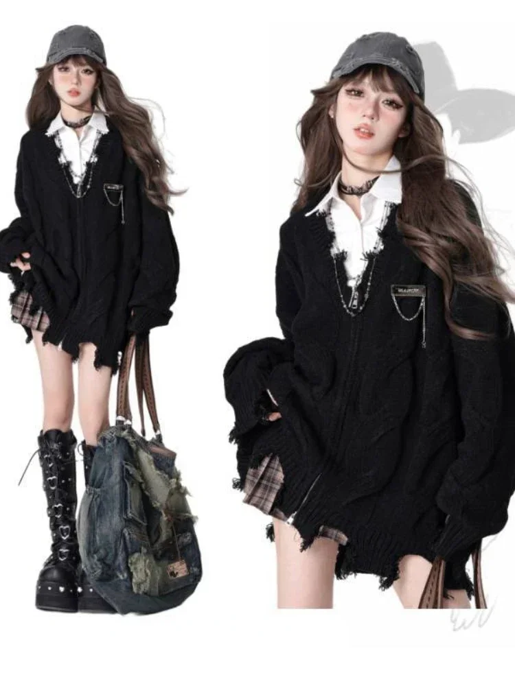 Top Trends: Deeptown Y2K Gothic Black Twist Knitted Cardigan Women Harajuku Vintage Zipper Oversized Sweater Grunge Hollow Out Tops Korean Shoppable Styles