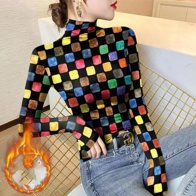 Top Trends: Women's Half High Collar Underlay Autumn And Winter New Fashion Commute Printing Plaid Long Sleeve Pullover T-shirt Slim Tops Shoppable Styles - Image 2