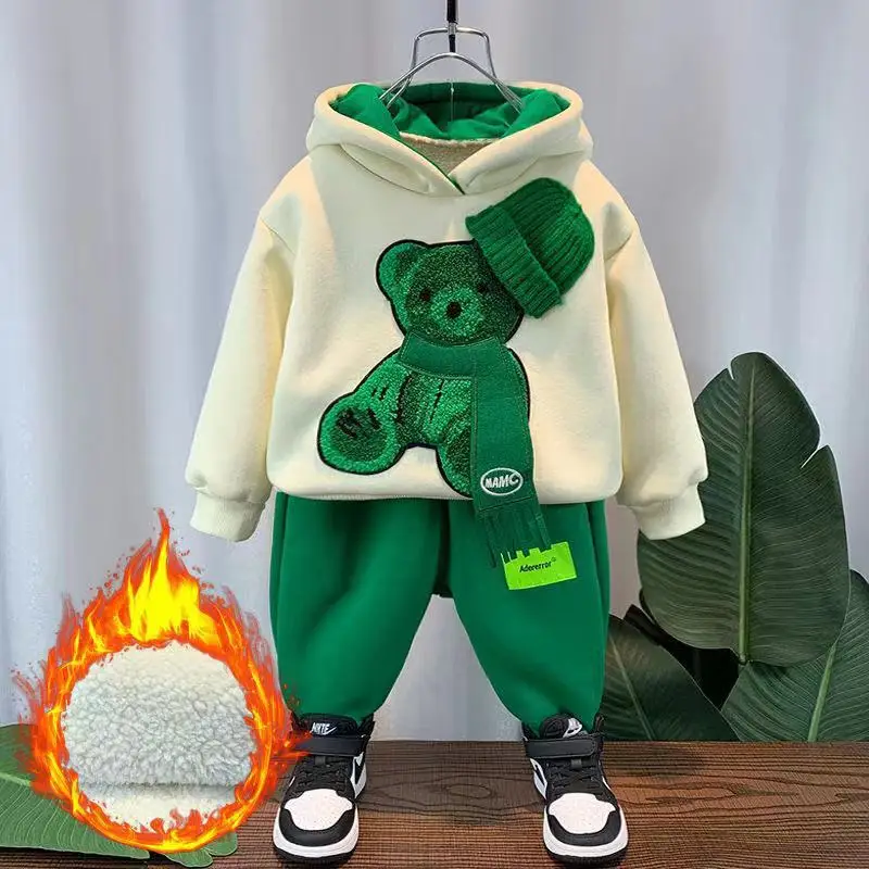 Top Trends: Winter Thicken Lamb Wool Baby Girl Boy Clothes Set Children Sports Cartoon Bear Sweatshirt Top+ Pants 2 Pcs Suit Cotton Tracksuit Shoppable Styles