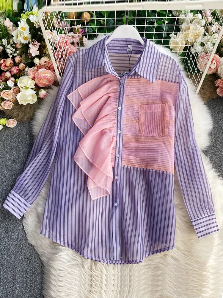 Top Trends: 2023 Spring Summer New Fashion Striped Shirt Women's Ruffled Loose Thin Long Sleeve Shirt Tops Blouse UK438 Shoppable Styles