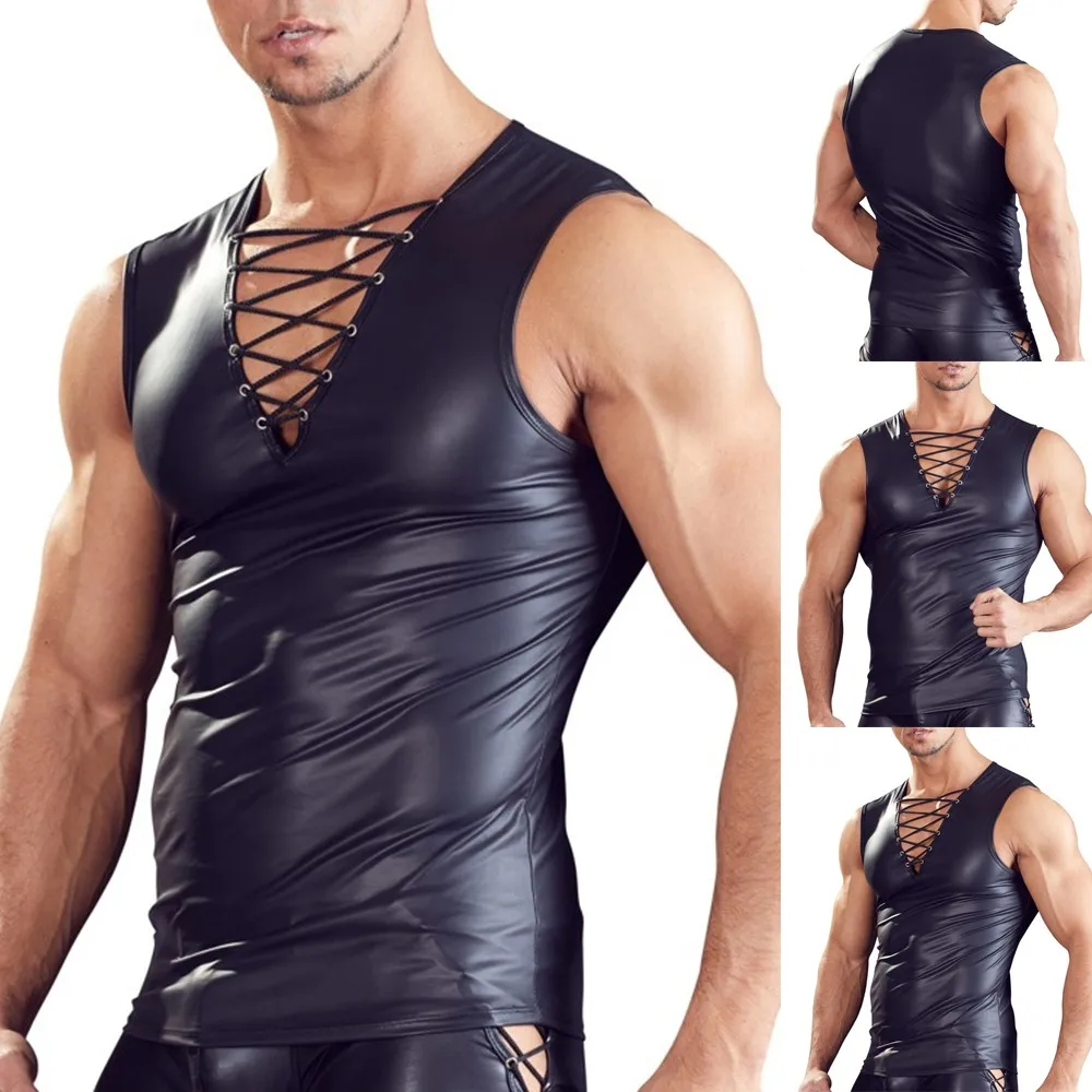 Top Trends: Mens Sexy Faux Leather T-Shirt Tops Faux Leather Solid Color Nightclub Stage Performance Deep V Vest Costumes Shoppable Styles