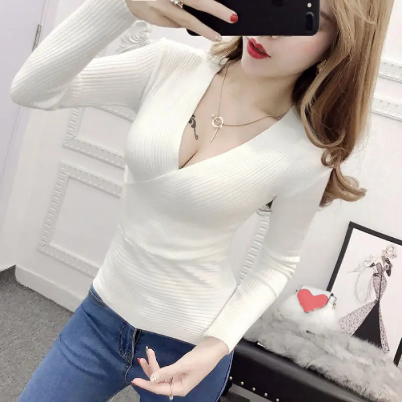 Top Trends: 2023 New Autumn And Winter Sexy Spicy Girls Tight Solid Low Cut Cross V-Neck Slim Fit Long Sleeve Knitted Underlay Sweater Shoppable Styles