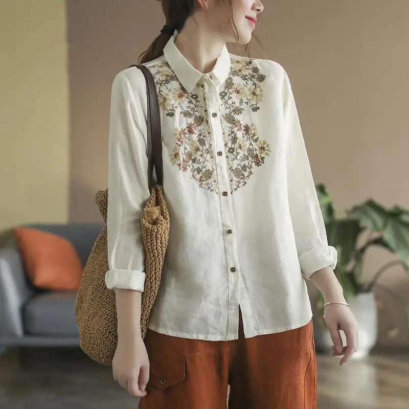 Top Trends: Retro Embroidery Floral Chic Loose Cotton Linen Button Up Shirts Casual Ethnic Style Long Sleeve Tops Blouses For Women Clothes Shoppable Styles