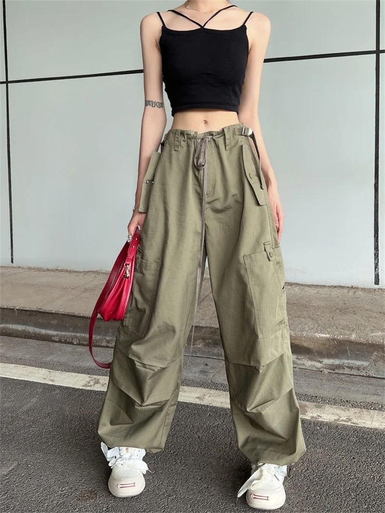 Top Trends: HOUZHOU Hip Hop Retro Green Cargo Pants Women Y2K Harajuku Oversize Wide Leg Black Parachute Trousers Female Vintage Streetwear Shoppable Styles