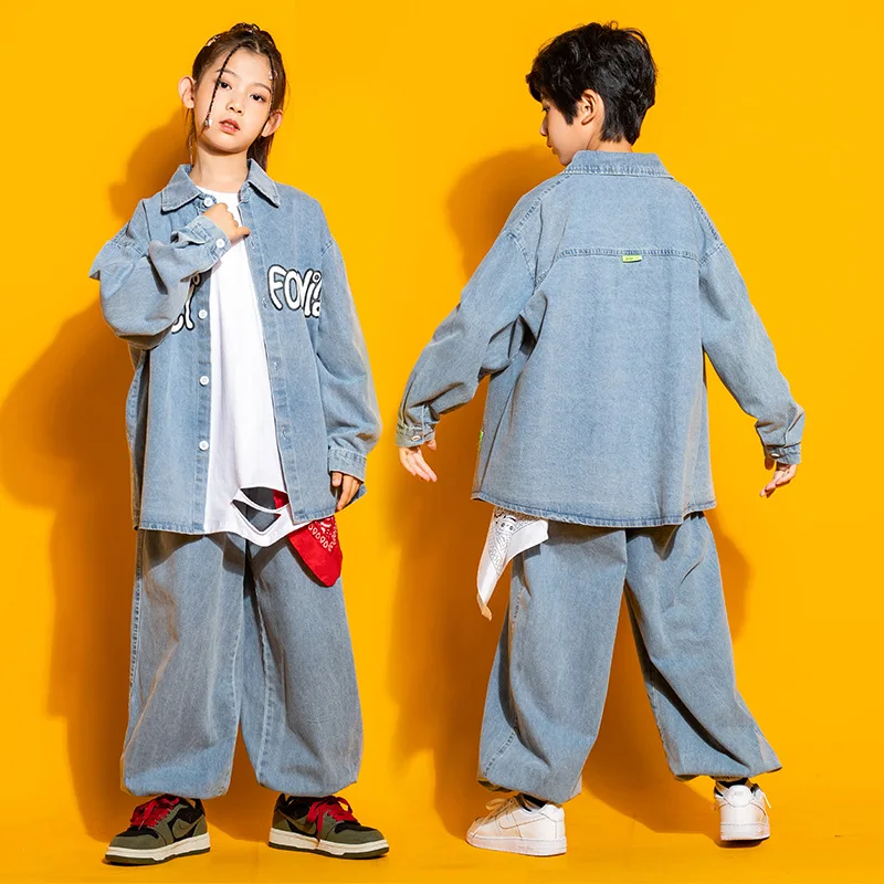 Top Trends: Kid Hip Hop Clothing Long Sleeve Denim Blue Shirt Casual Streetwear Jeans Baggy Pants For Girls Boys Jazz Dance Costume Clothes Shoppable Styles