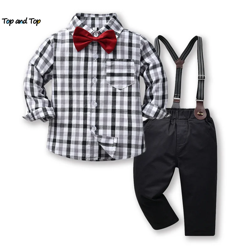 Top Trends: Top And Top Autumn Winter Kids Boys Formal Clothing Set Long Sleeve Plaid Bowtie Shirts+ Suspenders Pants Children Formal Suits Shoppable Styles