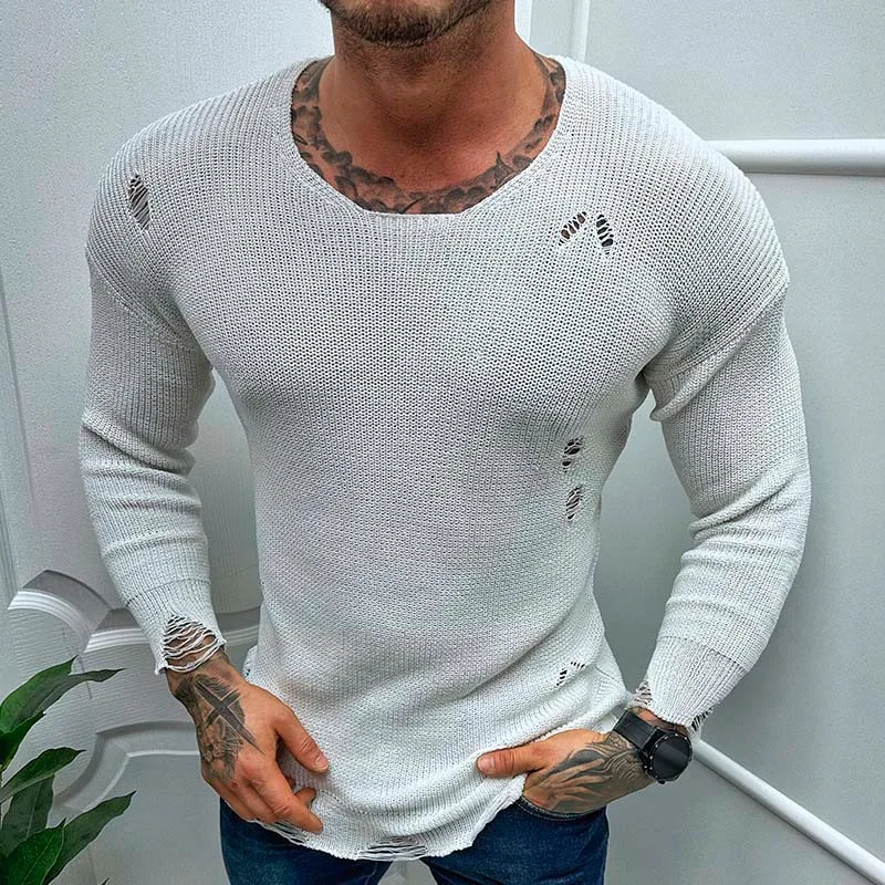 Top Trends: Men's Casual Tops Spring Summer Fashion Solid Knit Long Sleeve Torn Sweater Male Tees 2023 Holiday Streetwear Chic Shirts Shoppable Styles - Image 2