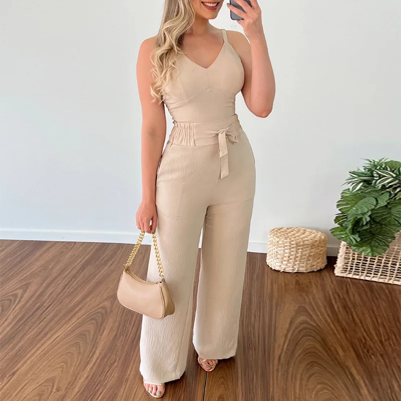 Top Trends: Two Piece Sets Womens Outifits Summer Fashion V Neck Sleeveless Crop Top & Casual Tether High Waist Patch Pocket Long Pants Set Shoppable Styles