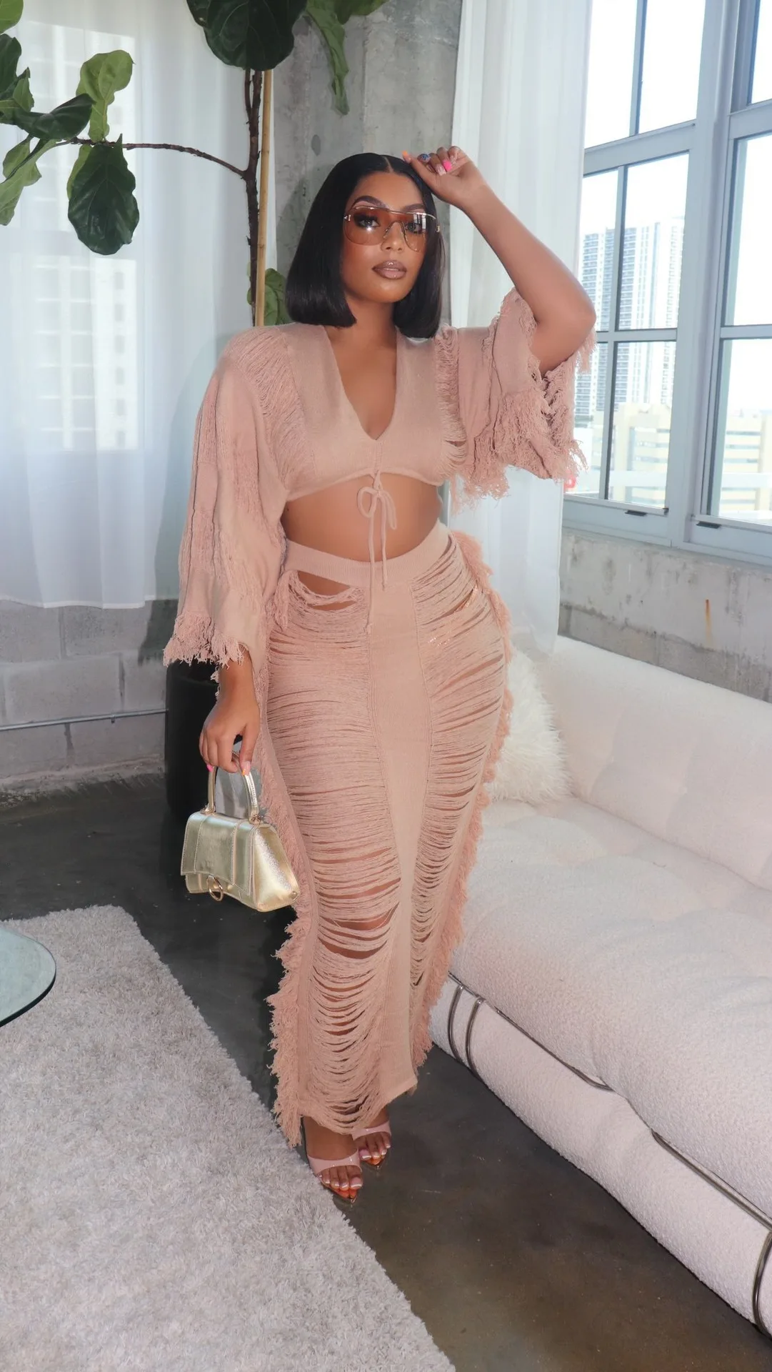 Top Trends: Women Sexy 2 Pieces Knitted Cutout Tassel Sweaters Tops+ High Waist Ruffles Bodycon Maxi Skirts Summer Party Clubwear Beach Dress Shoppable Styles