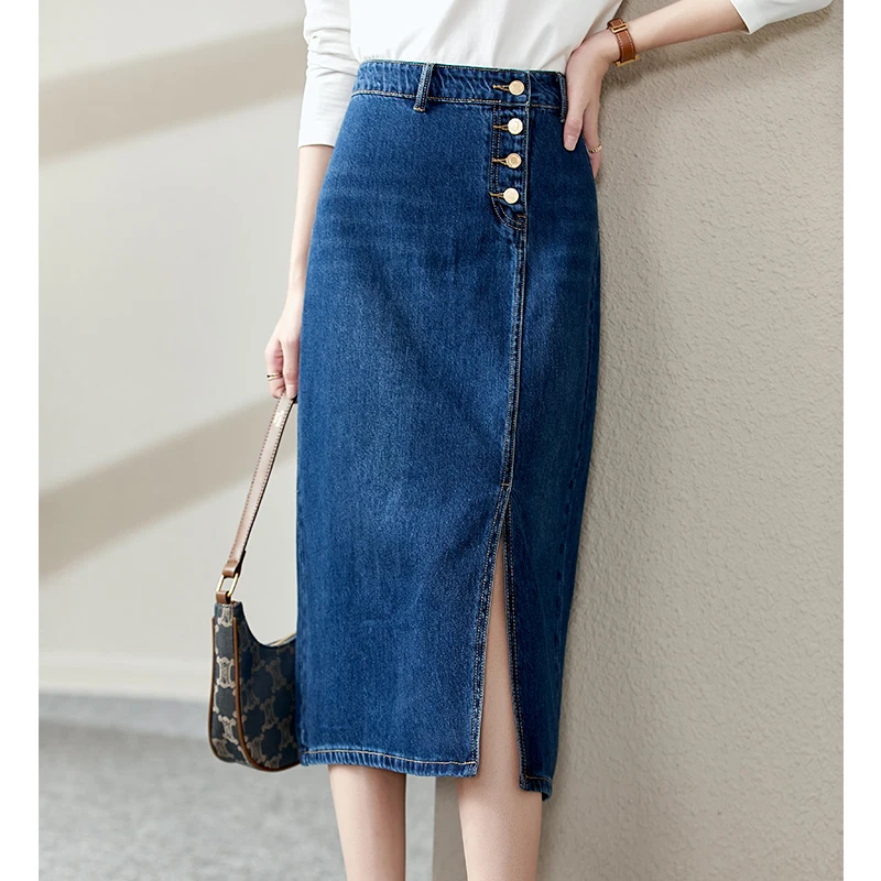 Top Trends: Vimly Midi Front Split Denim Skirts For Women 2023 Fall Fashion Solid High Waist Casual Office Lady A-line Jean Skirt 70567 Shoppable Styles