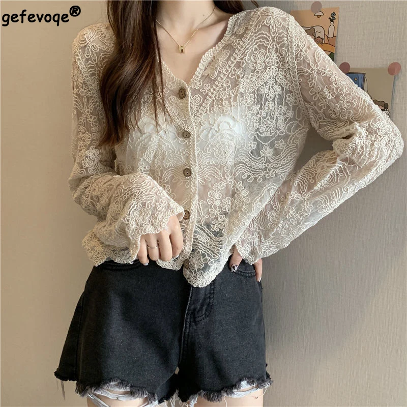 Top Trends: 2022 Summer New French Lace Long Sleeve Solid Color Tops V Neck Buttons Loose Cardigan Perspective Fashion Korean Women Clothing Shoppable Styles