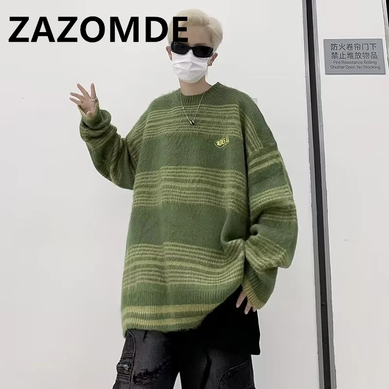 Top Trends: ZAZOMDE Autumn Winter Vintage Stripe Knitted Sweaters Embroidery Simple Sweater Pullover Loose High Street Pullover Harajuku Men Shoppable Styles