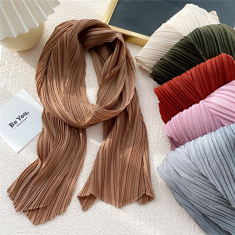 Top Trends: 2022 Women Cotton Linen Pleated Scarf Head Hijab Wrap Solid Full Cover-up Shawls Foulard Femme Headband Crinkle Muslim Headscarf Shoppable Styles