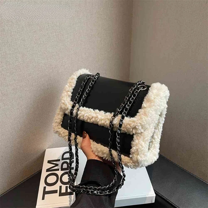 Top Trends: Retro Chain Shoulder Bags For Women PU Leather Fleece Flap Handbag Tote Fashion Female Faux Suede Splicing Crossbody Bag Purses Shoppable Styles