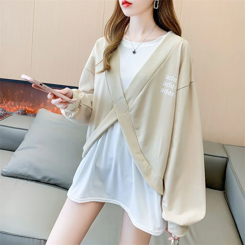 Top Trends: New Spring And Autumn Fashion Trend Korean Edition Fake Two Piece Loose Casual Splice Small And Slim Women&#039;s Long Sleeve Sweater Shoppable Styles