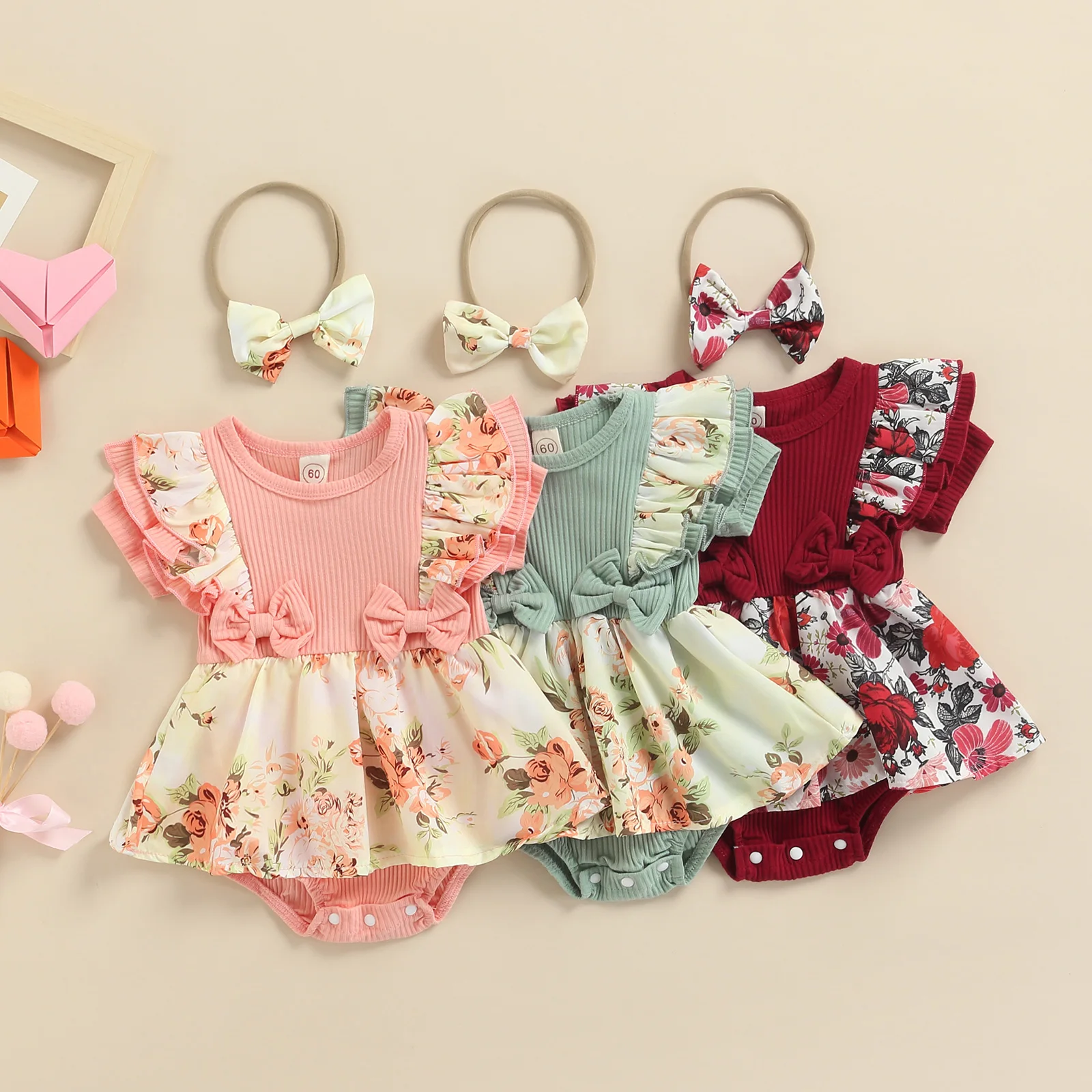 Top Trends: Baby Girls Ruffle Decoration Flying Sleeve Ribbed Romper Dress Bowknot Headband Flower Pattern Sweet Style Summer 2pcs Clothing Shoppable Styles