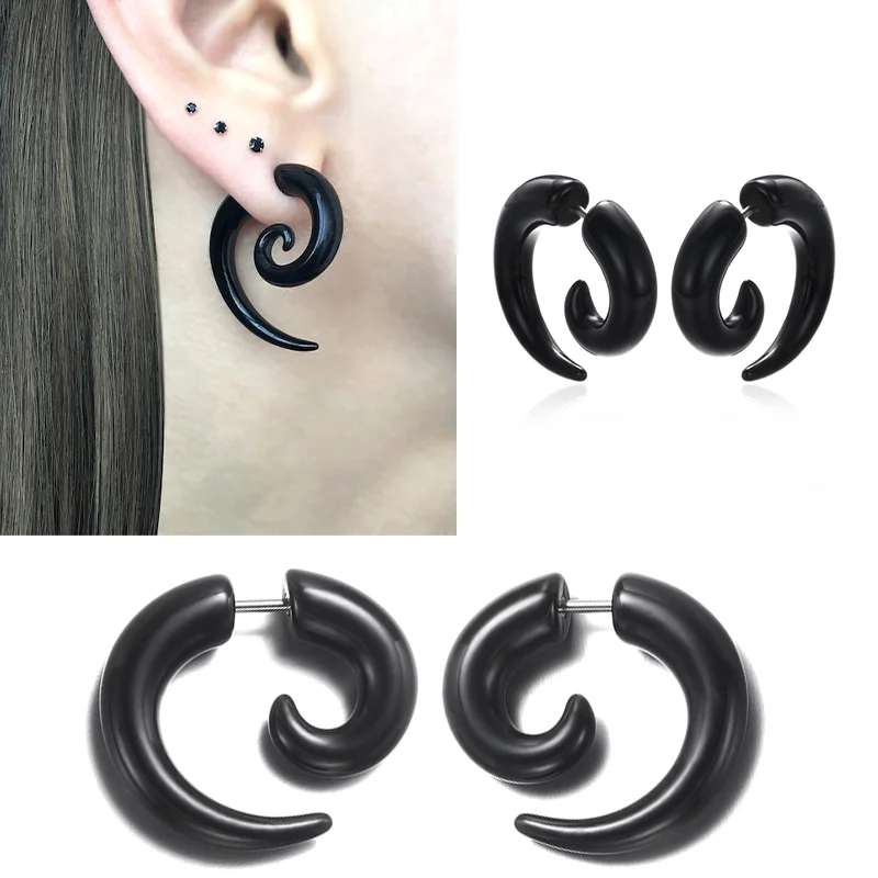 Top Trends: Fashion Black Horn Earrings For Women Hip-hop Acrylic Ear Stud Stainless Steel Anti-Allergies Earrings Gothic Spiral Ear Jewelry Shoppable Styles