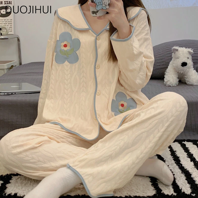 Top Trends: DUOJIHUI Two Piece Autumn Loose Casual Home Pajamas For Women Chic Button Cardigan Basic Pant Simple Fashion Female Pajamas Set Shoppable Styles