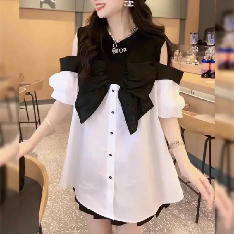 Top Trends: Commute Fashion Off Shoulder Bow Shirt Summer Short Sleeve Female Clothing Single-breasted Korean Round Neck Patchwork Blouse Shoppable Styles