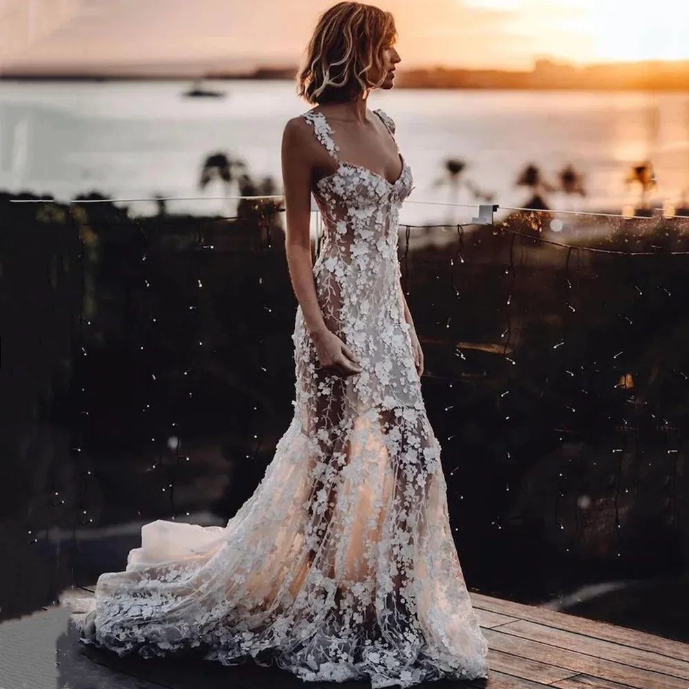 Top Trends: YunShang Sexy Mermaid Wedding Dresses With 3D Lace Appliques Backless Beach Sleeveless Bride Gown Zipper Train Robe De Mariée Shoppable Styles