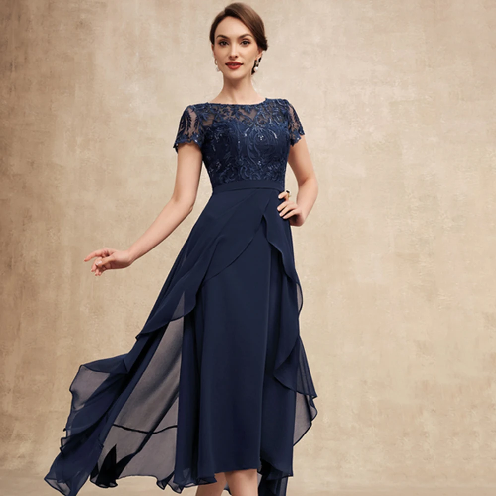 Top Trends: A-Line Lace Appliques Ruffles Mom Dresses Classic Scoop Neck Ankle-Length Mother Dress Short Sleeve Chiffon Wedding Guest Gown Shoppable Styles