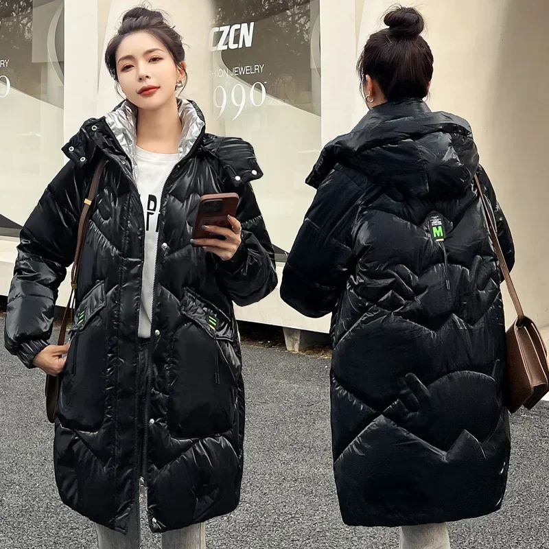 Top Trends: Female Large Size Hooded Long Parkas Down Cotton Coat Womens Bright Face Wash Free 2024 Winter New Korean Loose Padded Jacket Shoppable Styles - Image 5