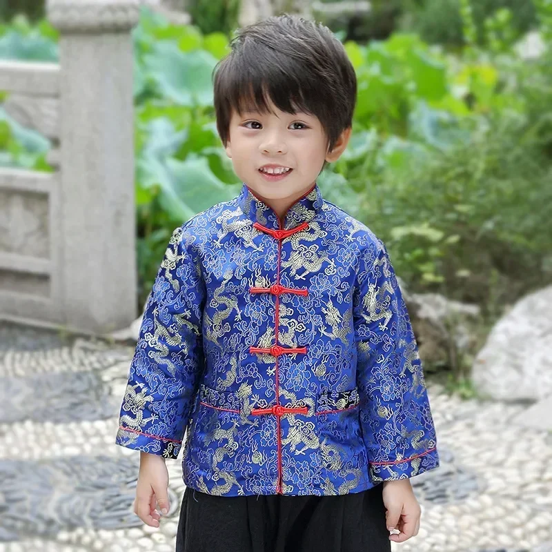 Top Trends: Chinese New Year Clothes For Kids Spring Costumes Baby Boys Tang Suit Clothes Satin Coat Dragon Printing Tops Pants Wushu Set Shoppable Styles