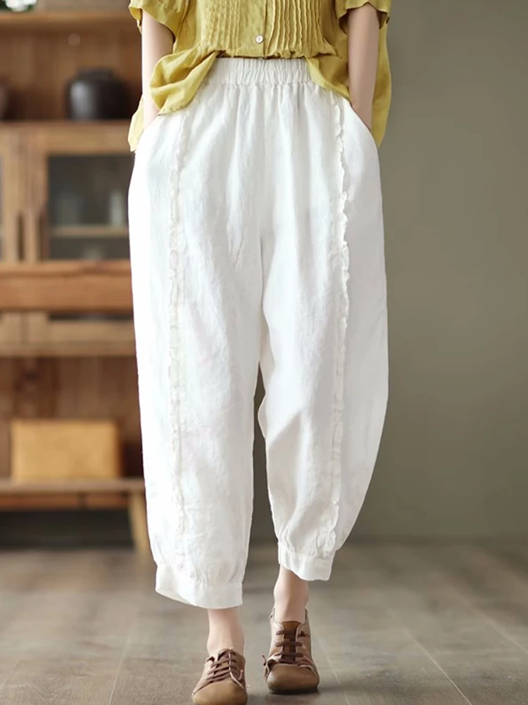 Top Trends: Retro Ruffles Women Trousers Literary High Waist Cotton Pants Oversized Casual Loose Ankle-Length Harem Pants Pantalones Shoppable Styles