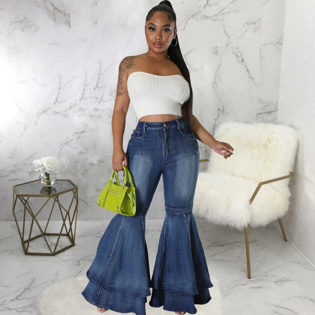 Top Trends: Women's Vintage Flare Jeans High Waist Stretch Denim Casual Solid Bodycon Work Long Bell Bottoms 2023 Fashion High Streetwear Shoppable Styles