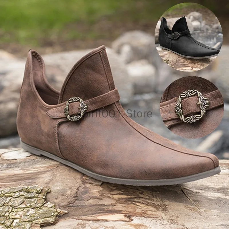 Top Trends: Medieval Men&#039;s Knight Prince Shoes Vintage Brown Buckle Leather Boots Short Flat Shoes Cosplay Pirate Renaissance Costume Shoppable Styles