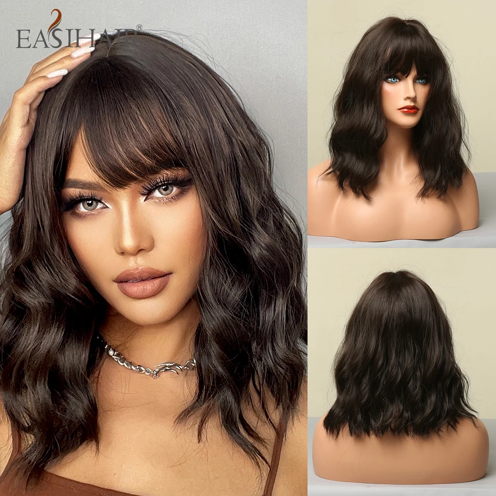 Top Trends: EASIHAIR Dark Brown Wavy Bob Wigs For Women Synthetic Wigs With Bangs Natural Hair Wig Medium Length Cute Wigs Heat Resistant Shoppable Styles