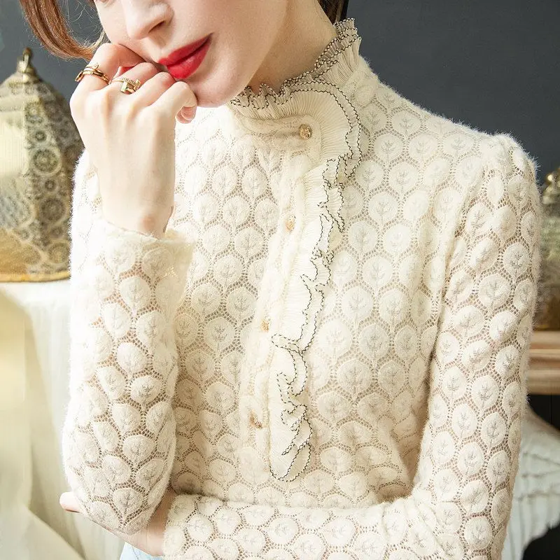 Top Trends: Spring Autuon French Fashion Elegant Lace Shirts Office Lady Simple Ruffles Long Sleeve Blouse Female Slim Solid Tops Shoppable Styles