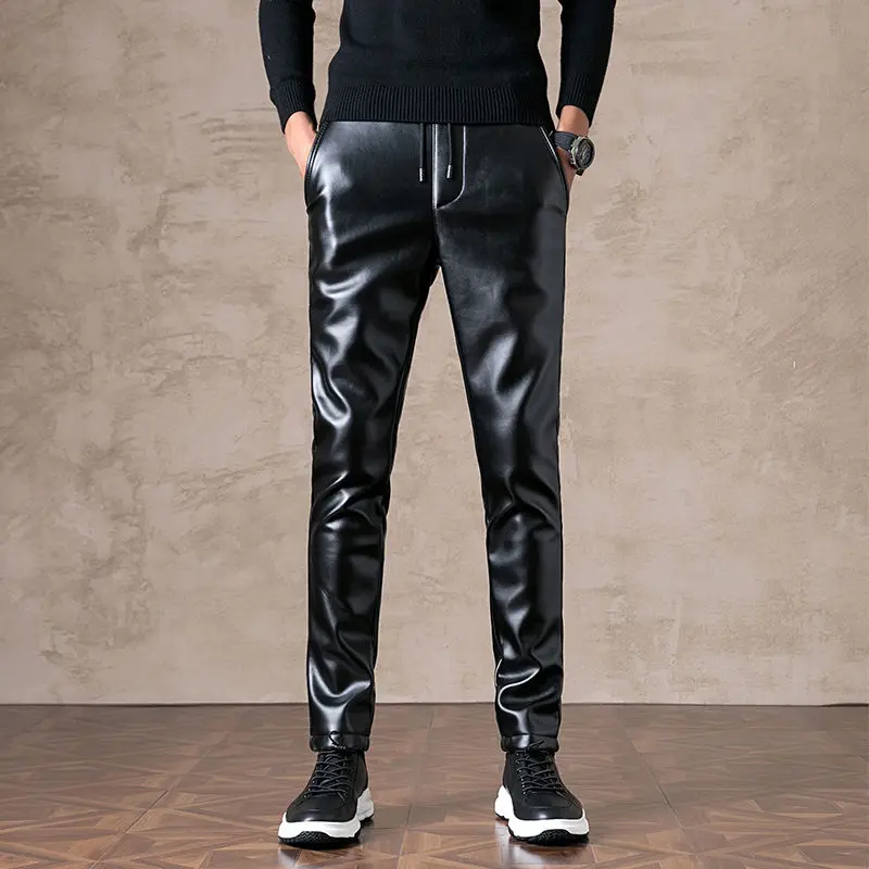 Top Trends: Autumn Winter Leather Pants Men's Waterproof Windproof Slim-fit Drawstring Korean Solid Color Motorcycle Faux Leather Male Pants Shoppable Styles