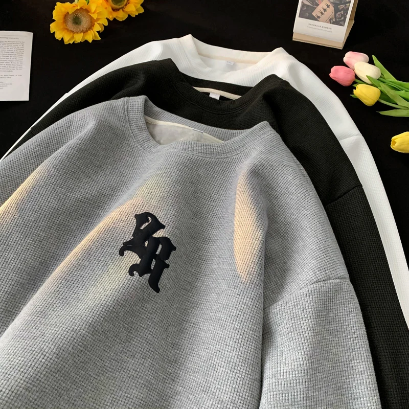 Top Trends: Men Sweatshirt High Street R Letter Print Oversize Waffle Pullovers Korean Style Streetwear Harajuku Clothing Y2K Sweatshirts Shoppable Styles