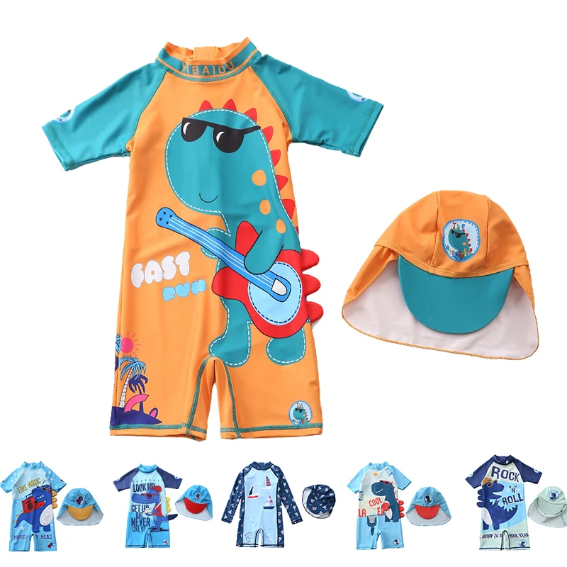 Top Trends: UPF50+ Baby Swimsuit Boys Cartoon Dinosaur Toddler Boy Zipper Swimwear With Sun Hat Rash Guard Surfing Suit Bathing Suit Shoppable Styles