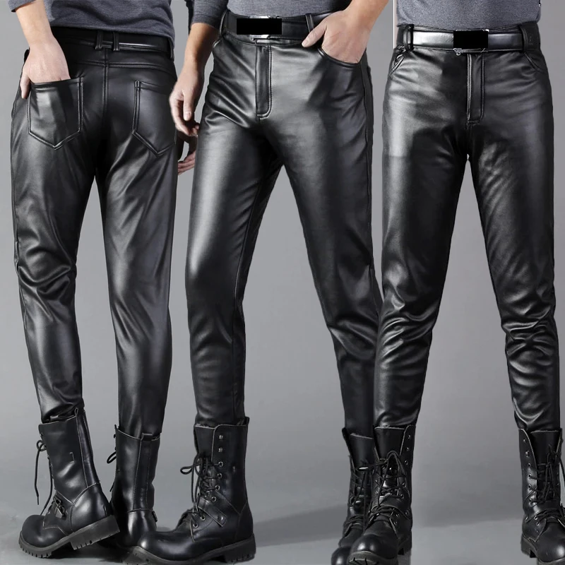 Top Trends: Men Leather Pants Skinny Fit Elasti Fashion PU Leather Trousers Motorcycle Pants Wet Look Stretch Faux Leather Streetwear Shoppable Styles