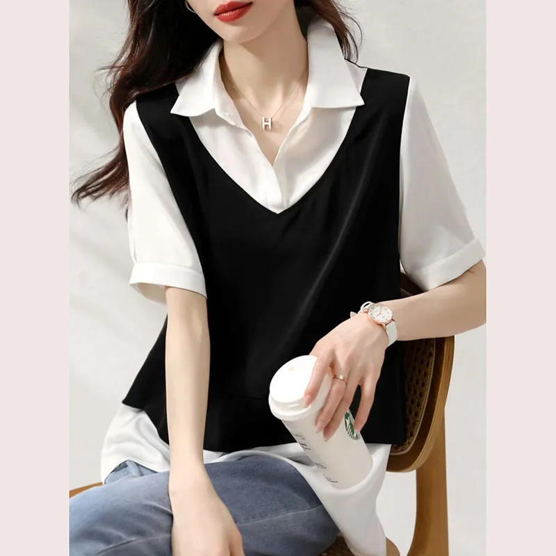 Top Trends: Fashion Lapel Spliced Irregular Fake Two Piece Blouse Women's Clothing 2023 Summer New Oversized Casual Tops Asymmetrical Shirt Shoppable Styles